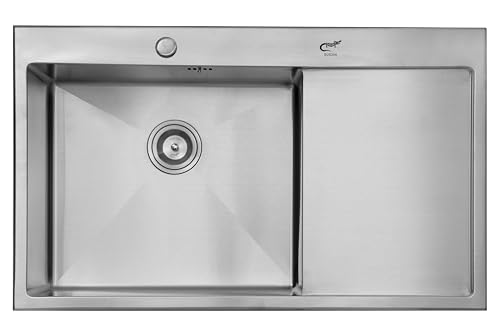 Image of CROCODILE 304 GRADE SINGLE BOWL 1.2 mm Thickness STAINLESS STEEL HANDMADE KITCHEN SINK (34 inchx20 inch Single Bowl + Drainboard HM)