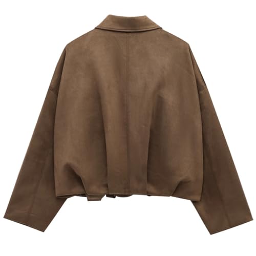 Women Solid Lapel Suede Jacket Coat Long Sleeve Zipper Cropped Loose Jackets Outerwears2