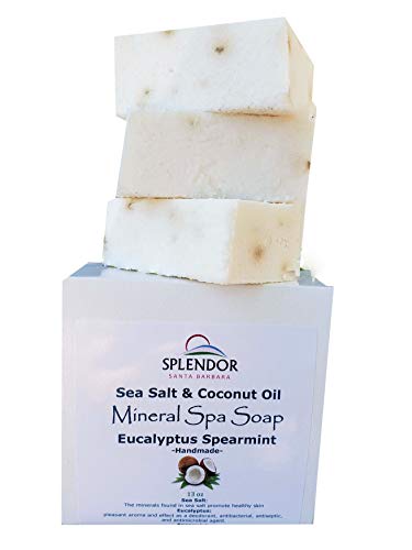 Splendor Santa Barbara Sea Salt & Coconut Oil Mineral Spa Soap 13 oz(3/4.3 oz) bars Eucalyptus Spearmint. Handmade, Moisturizing, Natural Organic Spearmint