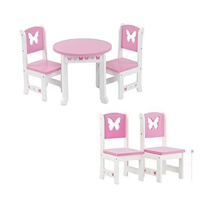 Emily Rose 18 Inch Doll Dining Table and 2 Chairs Set - Pink Butterfly Collection - Compatible with American Girl, Our Generation, My Life As & Adora Dolls - Wooden Dollhouse Furniture