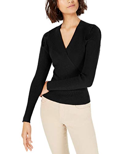 Womens Ribbed Knit Faux Wrap Sweater Black S