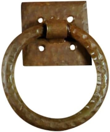 Distressed 4" Ring Door Knocker with Hammered Back Plate and Clavo as Strike - Matte Bronze Powder Coat Finish - Sold Individually