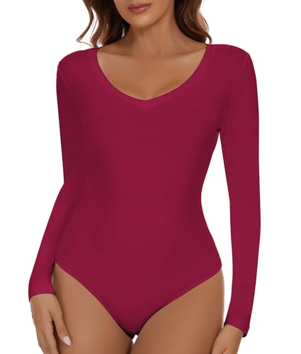 SHAPERIN V Neck Bodysuit Women's Bodysuits Long Sleeve Body Suit Leotards