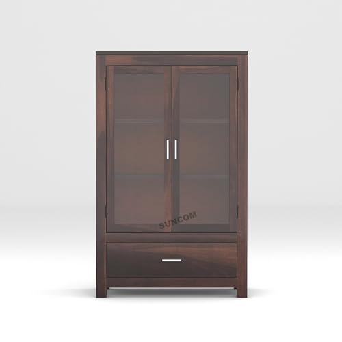 Image of SUNCOM Solid Sheesham Wood Sideboard Cabinet for Livingroom & Home Furniture - Wooden Cabinet with 2 Glass Doors & 1 Big Drawers for Storage - Designed to Display. Built to Store (Walnut Finish)
