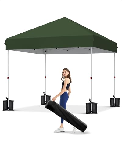 10x10 Pop Up Canopy Tent, Outdoor Tent with 3 Adjustable Height, Easy Set Up Canopy with 4 Sandbags & Carrying Bag for Camping, Parties, Outdoor Events -Green