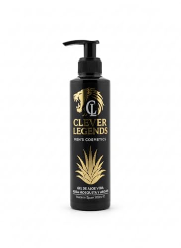 Clever Legends – Gel de Aloe Vera para Hombre con Rosa Mosqueta y Argán, SIN ALCOHOL, calma e hidrata y post-depilación/afeitado, USO CORPORAL, 200 ml, sensación fresca, botella negra