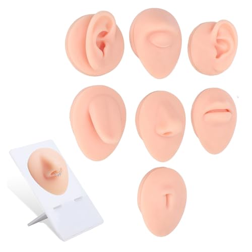 7pcs Soft Silicone Model Body Parts Display Set for Piericng, Body Part Model with Display Holder,Soft Fake Tongue Mouth Nose Eye Navel Ear 3D Model Training Tool Kit for Piercer (7PCS+Display Stand)