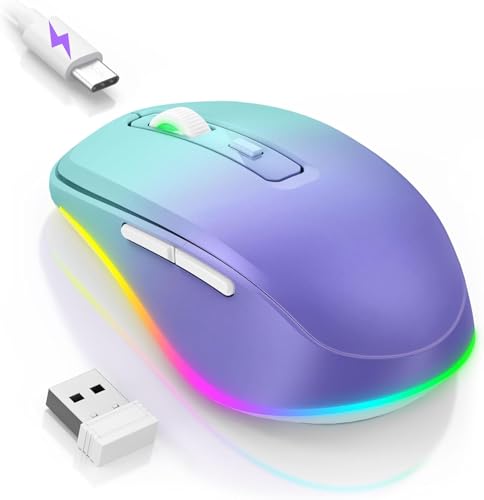Seenda Wireless Mouse, Rechargeable Light Up LED Mouse for Laptop, 2.4G USB Silent Mice with Built in Jiggler Mover, Undetectable Simulate Mice Movement to Keep Computer Awake, green and purple