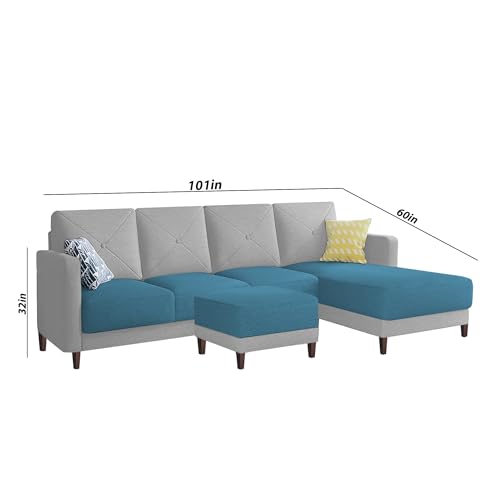 Image of Baloney RHS 6 Seater L Shape Sofa Set with Center Table for Living Room (Turquise Grey Fabric) Premium Fabric Sofa