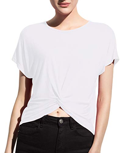 Womens Cute Cross Knot Front Active Tops Short Sleeve Crop Bat-Like Casual Shirt (White, Medium)