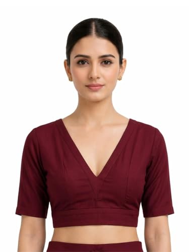 Image of Thevasa Women's Everyday Divine Depth V Neck Half Sleeves Blouse