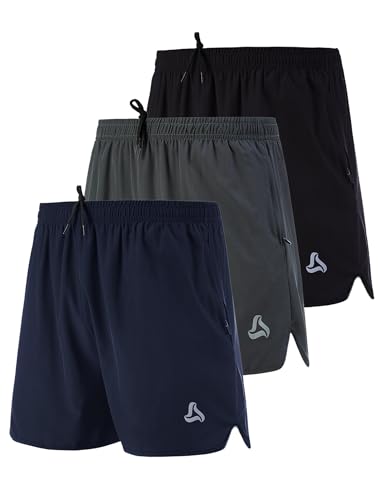 SILKWORLD Men's Running Stretch Quick Dry Shorts with Zipper Pockets(Pack of 3), Black, Deep Navy, Deep Grey, Medium