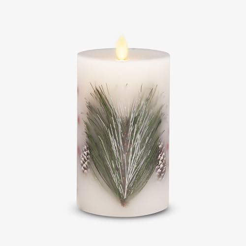 Image of Luminara Flameless LED Candle Pine Berries Pinecone Embedded Real Wax Moving Flame Pillar Unscented with Recessed Edge, Remote Ready, Timer (3.5 x 6.5 inch)