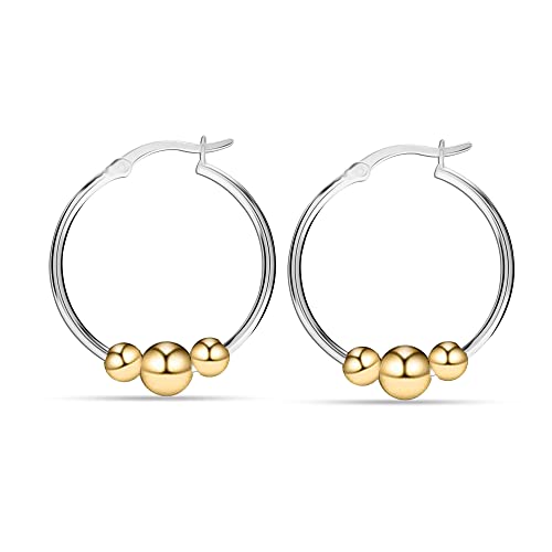 LeCalla 14K Gold-Plated Real 925 Sterling Silver Light-Weight Round Thin Tube Two-Tone Ball Beaded Hoop Earrings for Women Teen4