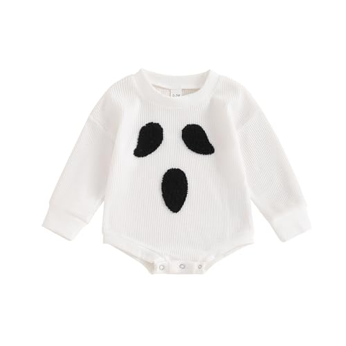 BemeyourBBs Newborn Baby Boy Girl Fall Winter Clothes Long Sleeve Bubble Sweatshirt Romper Cute Infant One Piece Outfit (Ghost Face White 6-12 Months)