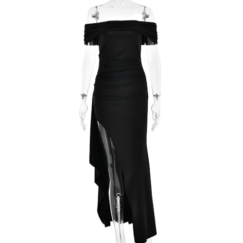 Image of Womens Off Shoulder High Slit Ruffled Side Club Dresses Bodycon Waist Ruched Elegant Floor Dresses