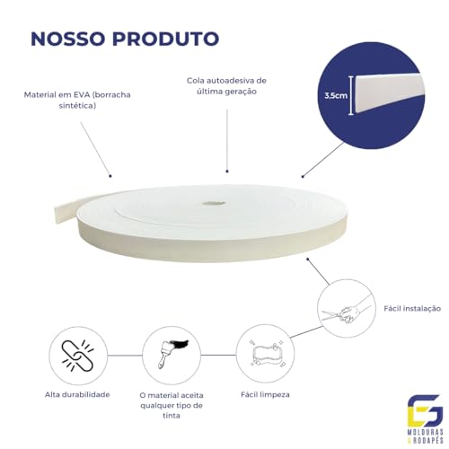 Moldura Painel Ripado Rodameio Eva Autocolante Liso 3,5cmx5mm 20 Metros (Branco)