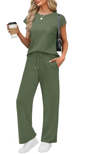Image of WIHOLL 2 Piece Sets for Women Casual Summer Travel Vacation Outfits Cap Sleeve Lounge Set