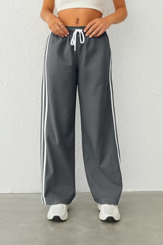 Image of SAKHWALA Women Track Pant | Women's Wide Leg Track Pants High Waist Drawstring Sweatpants with Side Stripes, Casual Loose Fit Lounge Joggers, Dark Grey