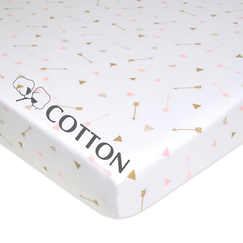 Image of American Baby Company Fitted Pack N Play Playard Sheet 27 inch x 39 inch, Soft Breathable 100% Cotton Jersey Pack and Play Sheet, Sparkle Gold /Pink Arrows, for Boys and Girls, Fits Most Mini Crib Mattresses