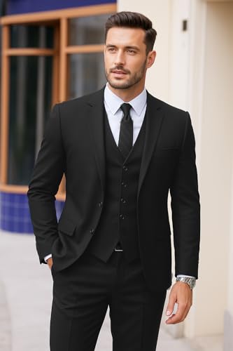 COOFANDY Men's 3 Pieces Suits Classic Fit 2 Buttons Dress Suit Set Wedding Business Dinner Prom Jacket Vest Pants Black2