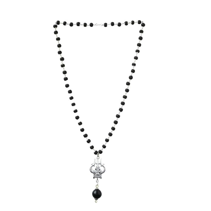 Image of Divine Hindu OM Shiva Trishool Karungali Mala with Silver Caps- 72 Beads | Black Ebony Wood Spiritual Necklace | Protection, Meditation, Healing, Energy Balance, Shiva Bhakti Mala | for Men & Women