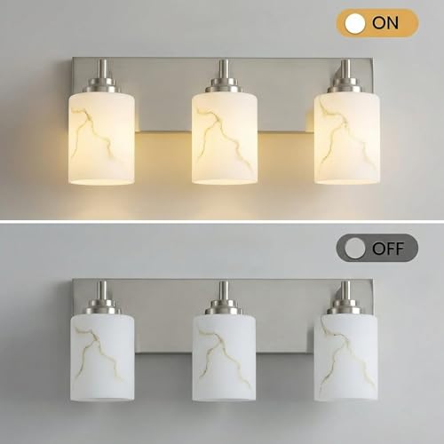 Image of 3-Light Bathroom Light Fixture, Brushed Nickel Modern Vanity Light with White Marble Glass Shade, for Bathroom Mirror, Living Room, Bedroom, Hallway, E26 Base, Extended Base