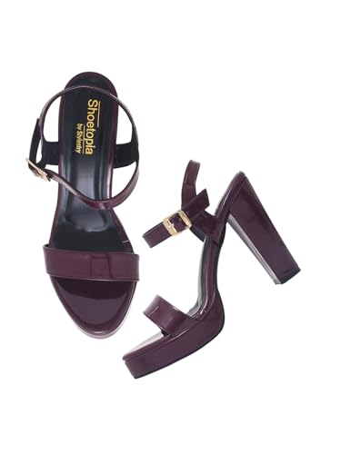Image of Shoetopia Women's High Heel Sandals, Patent Block Heel Ankle Strap Buckle Sandals, Stylish Party & Evening Footwear