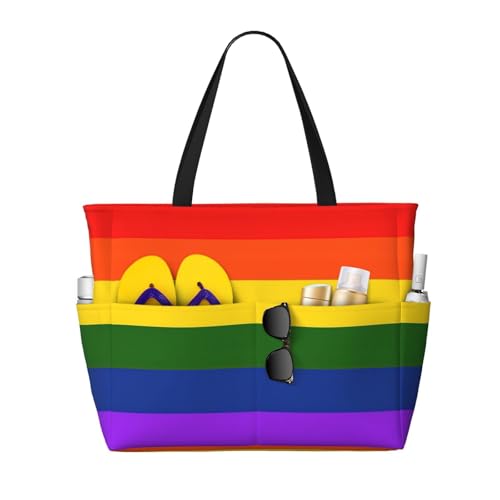 Bolsa de playa grande de verano negra y bolso de viaje con arcoíris
