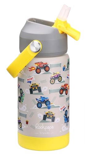 rockpapa 14 oz Kids Insulated Water BottleStainless Steel Toddler Cups with Straws BPA Free Leak-Proof Kids Water Bottle for School Boys& Girls (Grey Trucks)