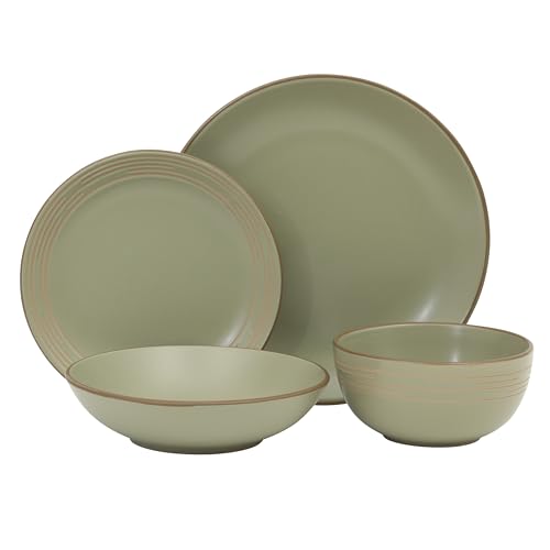 Image of Gibson Home Chiswick House 16-Piece Stoneware Dinnerware Set, Round Plates and Bowls Set for 4, Green with Wax Relief Embossed Rim Detail, Dishwasher Safe - Dinner Plate, Salad Plate & Cereal Bowl