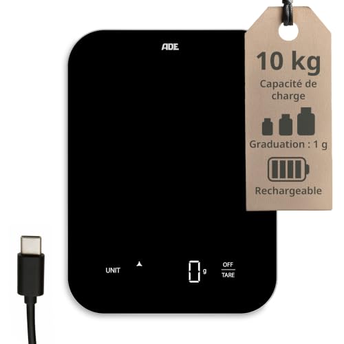 ADE Balance de cuisine numérique | rechargeable USB-C | 10 kg au gramme près | Balance alimentaire en verre avec fonction tare et chiffres lumineux | pèse-aliment de précision | en g, ml et oz