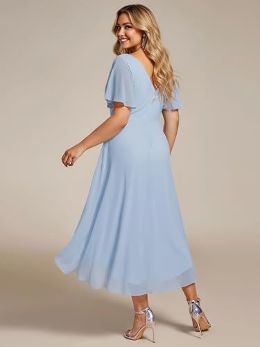 Image of Ever-Pretty Plus Summer Short Sleeves V-Neck Formal Wedding Guest Dresses for Curvy Women Chiffon Midi Cocktail Party Dress