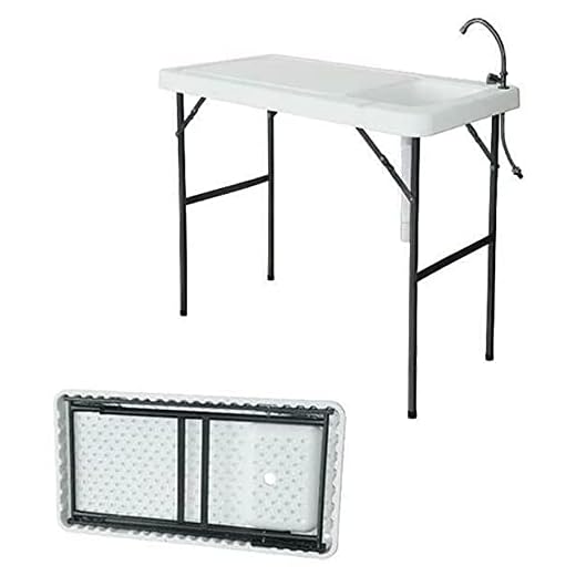 Fishing Cleaning Table with Sink, Portable Fish Fillet Folding Table with Locking Legs, Drain Assembly and Faucet for Outdoor Picnic Camping Gardening Kitchen, White