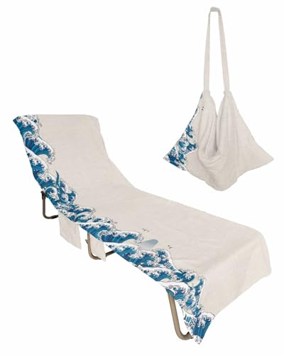 Rustic Coastal Beach Lounge Chair Towel Cover, Soft Chaise Lounge Towel with Side Pockets Patio Pool Chairs Cover for Beach/Pool Sunbathing 29x85 Modern Blue Sea Wave Abstract Art