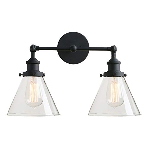 Image of Industrial Double Sconce 2-Lights Wall Sconces with Dual Funnel Clear Glass Shade Wall Sconce for Mirror Hallway Bedroom, Hardwired, E26 Base (Black)
