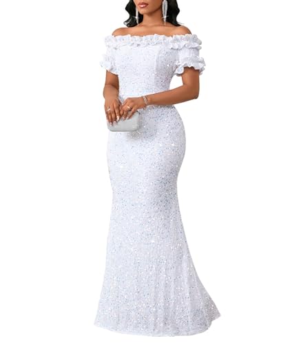 Image of dasmzper Women Sexy Sequin Off Shoulder Ruffle Short Sleeve Bodycon Mermaid Party Formal Evening Maxi Dress