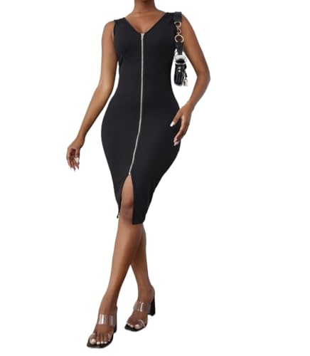 Women's Sleeveless Deep V-Neck Bodycon Dress with Front Zipper and High Side Slit for Bold, Sculpted Silhouette Black