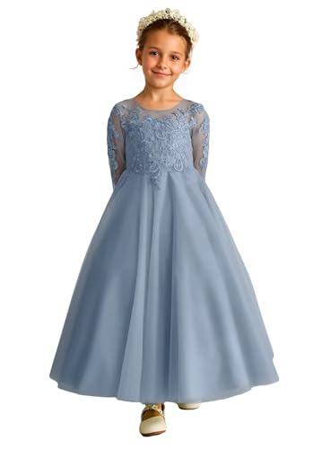 Tulle Lace Appliques Flower Girl Dresses for Wedding Long Sleeve Pageant Dress First Communion Dresses for Girls