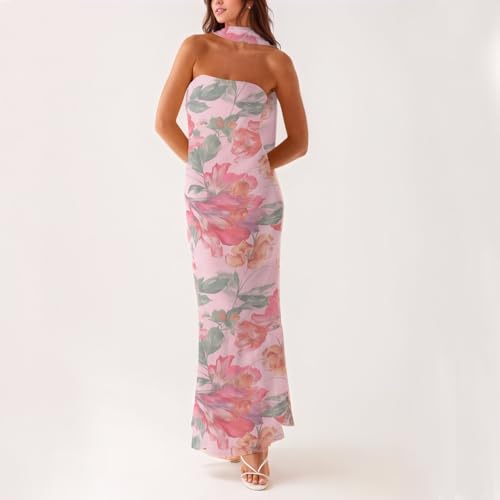 Women Floral Tube Maxi Dress with Scarf Summer Strapless Tube Bodycon Mesh Layer Cocktail Party Wedding Guest Dress2
