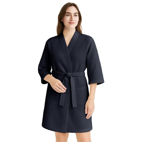 DH DREAMER HOME Albornoz Unisex para Hombre y Mujer con Bolsillo y Cinturón - Bata de Casa Suave, Secado Rápido y Alta Absorción - Textura Gofrada 100% Algodón 400gr - Color Azul Oscuro - Talla XL