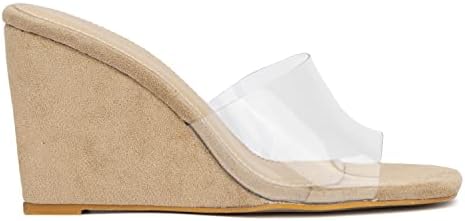 Olivia Miller Women’s Fashion Ladies Shoes, Clear PVC Jelly & Beige Nude Wedges, Trendy Party Slide On Single Band Open Square Toe 3.5 Inch Mid High Chunky Platform Fashion Heeled Sandals | Image 1