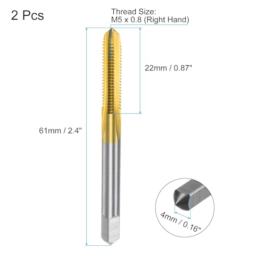 QUARKZMAN 2 Stück metrische Gewindeschneider M5 x 0,8 H2 Titanbeschichtetes Hochgeschwindigkeitsstahl-Gewindeschneidwerkzeug mit gerader Nut für Gewindeschneidemaschinen