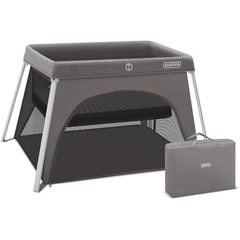 HARPPA Travel Crib with Comfy Mattress, Lightweight Portable Crib Requires No Assembly, Foldable Pack and Play for Baby and Toddlers, Compact Play Yard with Bed (Grey) Cover