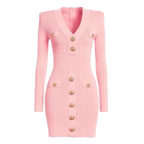 Robe pull en tricot de qualité supérieure fine maille côtelée à boutons Kelsiop