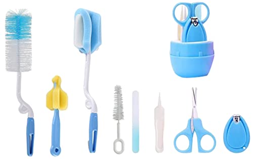 Image of SYGA 4 Pcs Baby Milk Bottle Nipple Straw Brush Sponge Nylon Cleaning Brush Cleaner Bottle Tong Set Random Color & Baby Infant and Toddler Grooming Kit with Scissors (Blue)