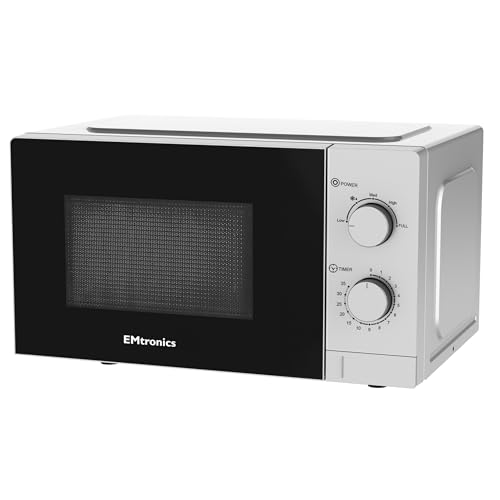 EMtronics 20 Litre 700W Manual Control Microwave with 5 Power Levels, Defrost Function, 35 Minute Timer and Cavity Light - Silver