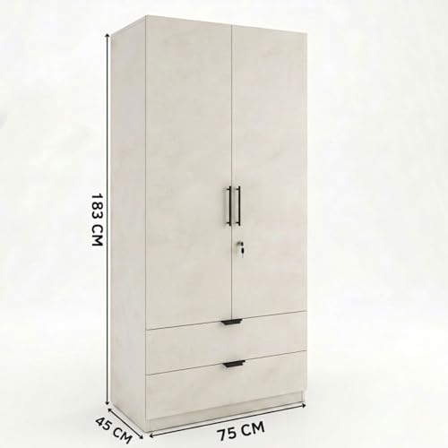 Image of FFO Keris 2 Door Wooden Wardrobe with 2 Drawers, Hanging Rod & Storage Shelves | Modern Clothes Almirah Cabinet with Lock & Black Handles for Home White DIY.