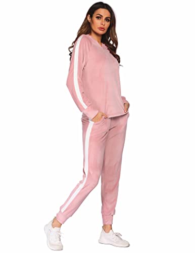 Hotouch Velour Tracksuit Womens 2 Pieces Joggers Outfits Jogging Sweatsuits Set Soft Sports Sweat Suits,Stripe Pink, S #TOP1