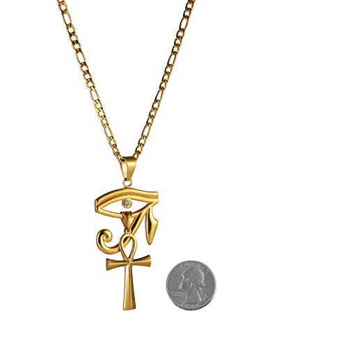 HZMAN Gold Stainless Steel Eye of Horus Egypt And Coptic Ankh Cross Religious Pendant Necklace 24" Figaro Chain3